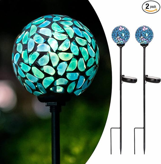 Solar Outdoor Decorative Light, Mosaic Stake for Yard Decor, 3.5" | 2 Pack Crackle Glass Sphere Mosaic Glass Ball Stake, Waterproof Design & Solar Lights for Lawn, Yard & Pathway Decor, Blue