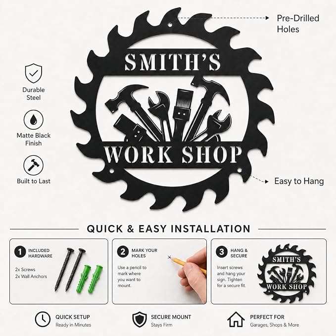 Personalized Metal Workshop Sign Custom Garage Sign for Men Dad Grandpa Husband Man Cave Wall Decor Tool Room Metal Wall Art Father’s Day Gift