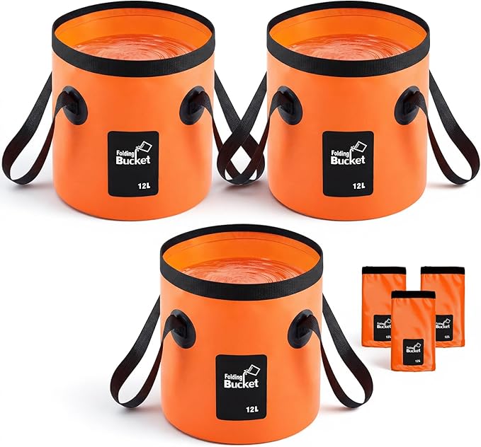3 Gallon 3 Pack Collapsible Bucket, Foldable Water Bucket with Handles, Portable Camping Buckets for Fishing, Hiking, Cleaning, Outdoor & Travel Use (Orange)