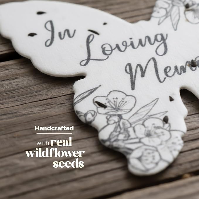 Plantable Memorial Gift Tags with Wildflower Seeds – 48 Pack Black & White Butterfly-Shaped Writable Gift Wrap Tags for Funeral Favors, Sympathy Gifts & Celebration of Life Keepsakes