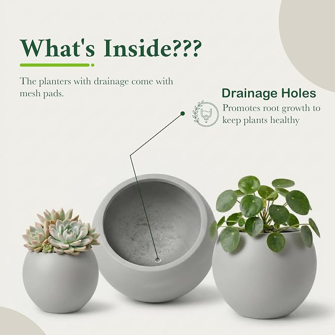 DTY Mount Sherman 21.1'' D x 16.7'' H (Pot Opening 14.6") Fiberstone Round Planter with Drainage Hole, Smooth Finishes, Weather Resistant for Indoor and Outdoor, 2 Extra Coco Mats - Light Gray, Large