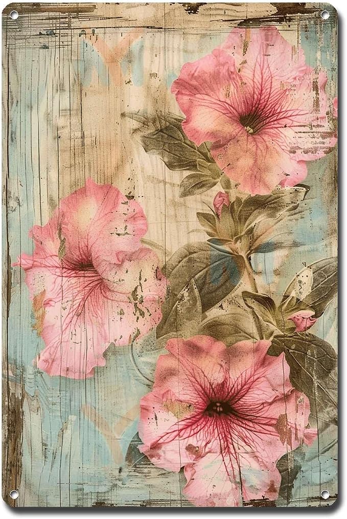 Metal Sign Tin Sign Vintage Wall Art Ruffled Petunias Tin Sign for Vintage Wall Art Rustic Petunia Lovers and Shabby Chic Interiors Bar Signs for Home Bar for Bar 12×16 Inches