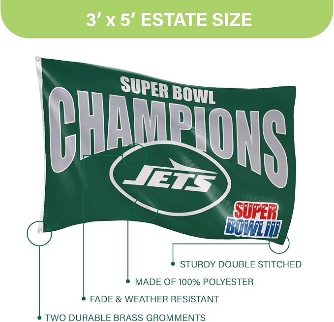 Team Sports America NFL New York Jets Multi-Win Superbowl Champions 3x5 Flag for Outside with Grommets | Outdoor & Indoor | Heavy Duty Flag & Banner | Works with Flag Pole for Outside House
