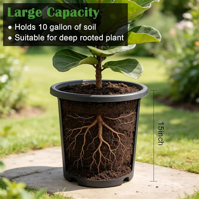 16 inch Deep Large Planters for Outdoor Plants, 4-Pack Plastic Plant Pots with Drainage Holes for Indoor Outdoor Gardening, Heavy Duty Garden Planter Flower Pots, (16" Top Dia × 15" Tall), Dark Gray