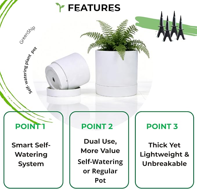 GreenShip 2pcs Plant pots, self Watering pots for Indoor Plants (White, 4.7in+6in)