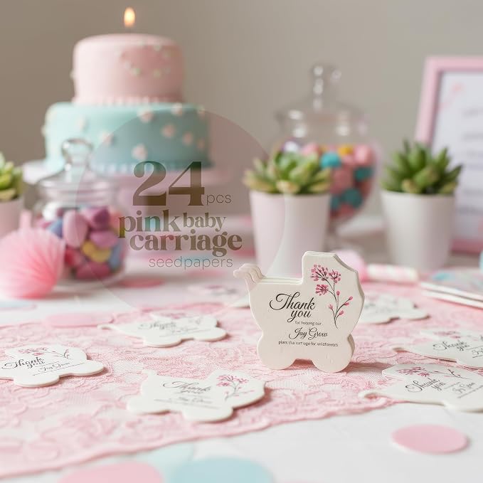 24pcs Pink Carriage-Shaped Gift Tags with Wildflower Seeds - Writable Gift Wrap Tags for Baby Showers, Mother's Day Present, Party Favors, DIY Crafts, & Earth Day Decorations