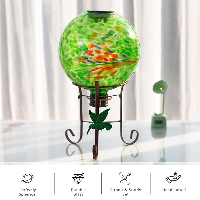 10 Inch Solar Glass Gazing Ball with 9.4" H Metal Stand | Solar Globe Ball Light Display Holder Set for Outdoor Garden Lawn Yard Decoration, Green Artistic