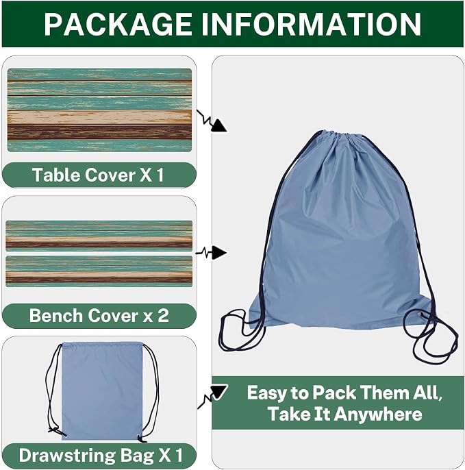 Teal Brown Picnic Table Cover with Bench Covers, Vintage Retro Wood Board Outdoor Camping Essentials 6FT 3PCS Fitted Rectangle RV Must Haves Tablecloth with Drawstring Bag