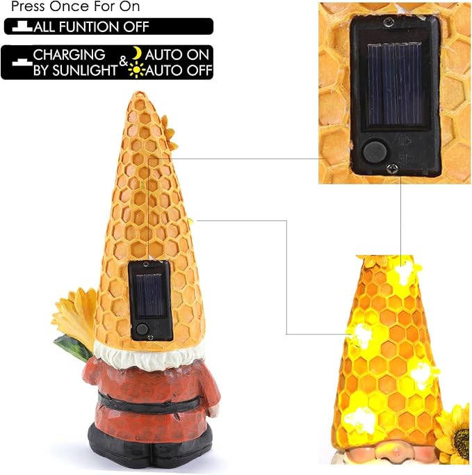 12.3'' Sunflower Garden Gnomes Statue with Solar Bee Lights | Fall Decorations ,Outside Decor, Yard Art Lawn Ornaments, Porch Patio Balcony Home House, Gifts for Mom Grandma Women