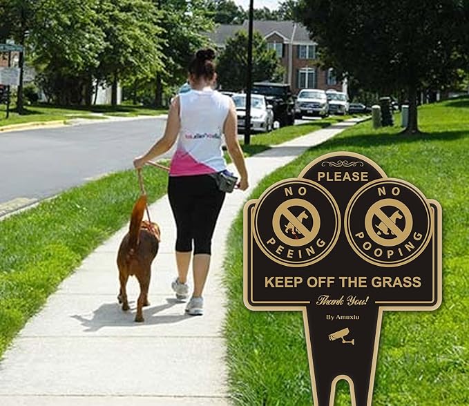 Amexiu No Dog Pooping Peeing Sign, Keep Dog off Grass Yard Lawn Sign, Double Sided 15 x 9.5 X 0.08 Inches Rust Free, Easy Mounting Durable Ink Black Gold Color, 2 Pack