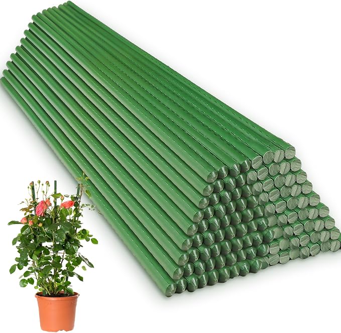 Tanlade 100 Pack 5 Ft/60 Inches Garden Plants Stakes Tomato Stakes Steel Metal Plant Sticks Support with Plastic Coated Sturdy for Tomato, Beans, Peppers, Trees, Outdoor Indoor Climbing Plants
