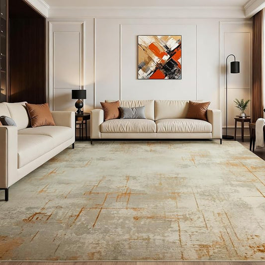 Joydeco 8x10 Area Rugs for Living Room, Washable Modern Abstract Non Slip Soft Rug, Low Pile Carpet for Bedroom, Dining Room, Home Office, Pet & Child Friendly, Light Brown & White & Beige