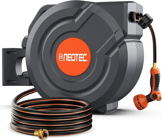 90FT Retractable Garden Hose Reel 5/8 Inch, Automatic Slow Return & Any Length Lock, Wall Mounted Heavy Duty Hose Reels for Outside with 9 Spray Nozzle, 180° Swivel UV Resistant