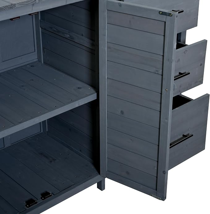 Merax Farmhouse Potting Bench with 6 Drawers, 44.6” Large Garden Workstation, Outdoor Kitchen Island with Bottom Cabinet & Hooks, Freestanding Patio Furniture,Gray