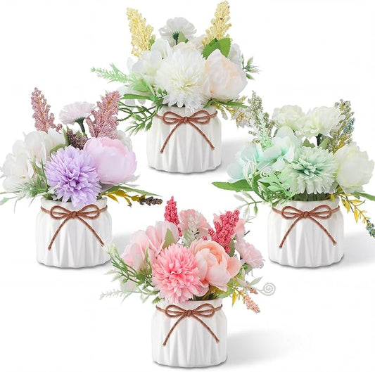 Cindeer 4 Pcs Large Artificial Potted Flowers Fake Potted Plants Plastic Faux Flowers for Home Decor Indoor Artificial Plants in Pots for Wedding Home Desk Tabletop Outdoor Office Kitchen (Elegant)