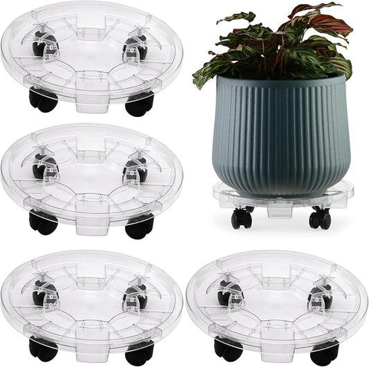 4 Packs 10.2 inches Small Clear Plant Caddy Plant Saucers on Wheels Rolling Plant Stands Heavy-duty Plant Dolly Plastic Planter Roller Base Pot Movers Outdoor Plant Tray Coaster