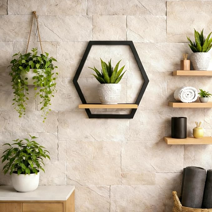 3 Pack Solid Wood & Metal Framework Wall Plant Stands,9 inch Natural Wood Shelf of Indoor,Mid Century Modern Hanging Planter for Outdoor Entryway 25 LB Load for Plants Black