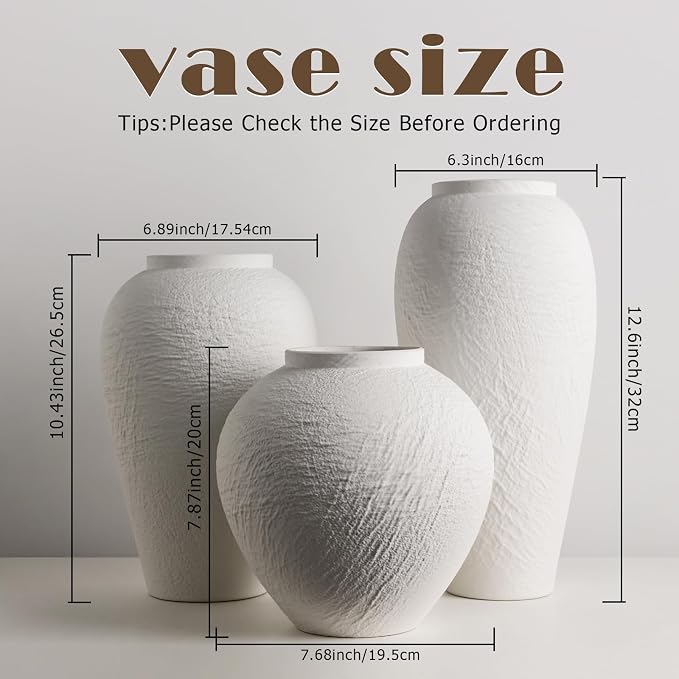 White Ceramic Vase, Large 12.6 Inch Tall Ceramic Flower Vase Home Decor, Minimalist Texture Stone White Flower Vase, Decorative Vase for Living Room Shelf Farmhouse Dining Table Centerpiece Decor