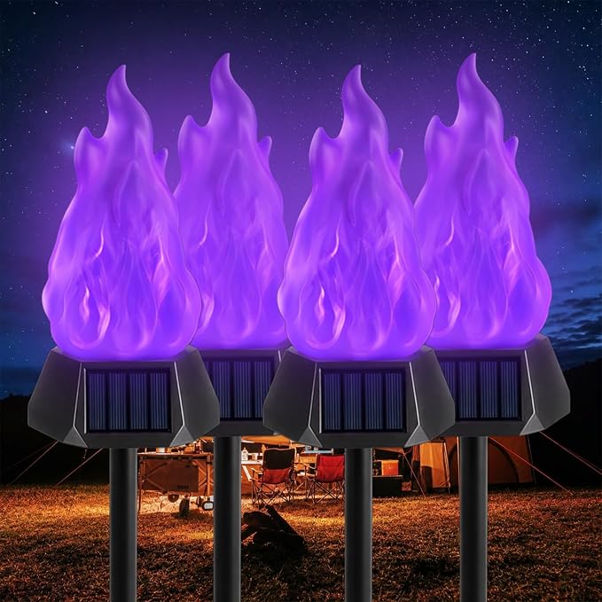 Toodour Solar Outdoor Torch Lights with Flickering Flame, 4 Pack Solar Pathway Decorative Lights, Waterproof LED Flame Torches for Outdoor Camping Garden Landscape Patio Path Yard Decorations - Purple