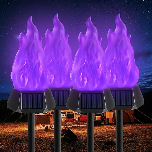 Toodour Solar Outdoor Torch Lights with Flickering Flame, 4 Pack Solar Pathway Decorative Lights, Waterproof LED Flame Torches for Outdoor Camping Garden Landscape Patio Path Yard Decorations - Purple