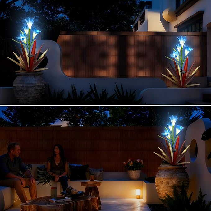 Homight Solar Metal Agave Lily Flower Garden Sculpture with LED Lights 30.3 Inch Waterproof Outdoor/Indoor Yard Decor Handmade Lawn Ornament Gift for Family Friends (2, Red)