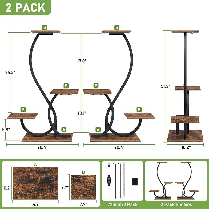 BACEKOLL Plant Stand Indoor with Grow Lights - 2 Pack Plant Shelf, Lighted Corner Plant Stands for Indoor Growing, 4 Tiered Metal Flower Holder, S-Shaped Decorative Shelves for Home, Hallway, Black