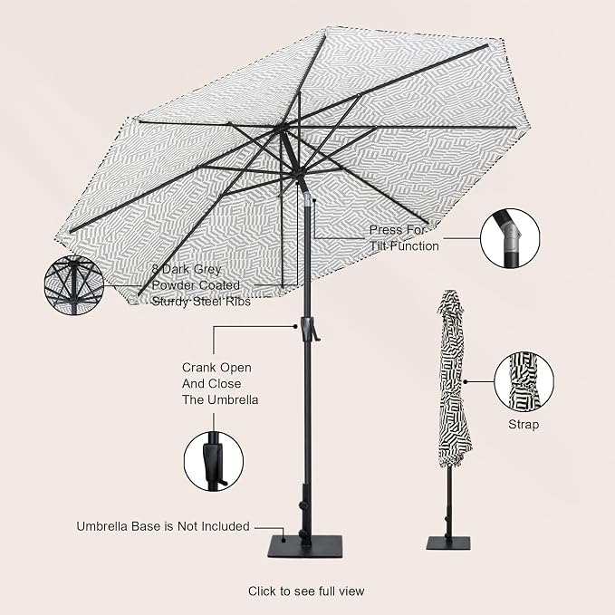 Tempera Striped Patio Umbrellas Outdoor Table Market Umbrellas with Crank & Pust Button Tilt|Auto-Tilt, 8 Steel Ribs, High Color-Fastness Canopy