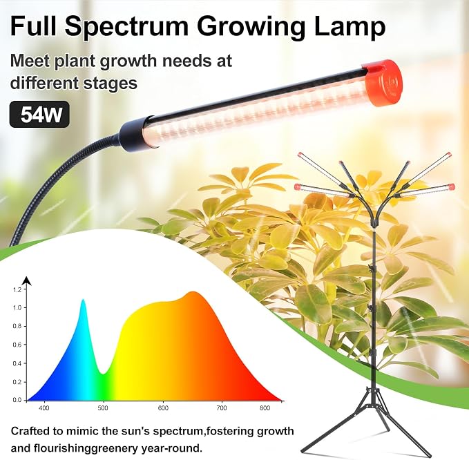 FRGROW 6Head Grow Light with Stand for Tall and Large Indoor Plants, Bonsai Tree, Big Coverage and Bright Plant Growing Lamps, 4/8/12/16/20H Timer, 54 Watt Power Draw, NO Need Adapter, 360° Gooseneck