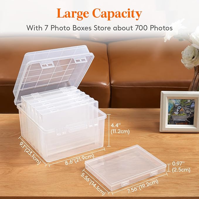 Lifewit 1 Pcs Photo Storage Set with 7 pcs 5"x7" Inner Photo Box& 23 x 22 cm/9x8.5 Transport Case, Craft Organizer for Seed Cards Pictures Office Supplies with 1 Sheet Label Sticker, Clear