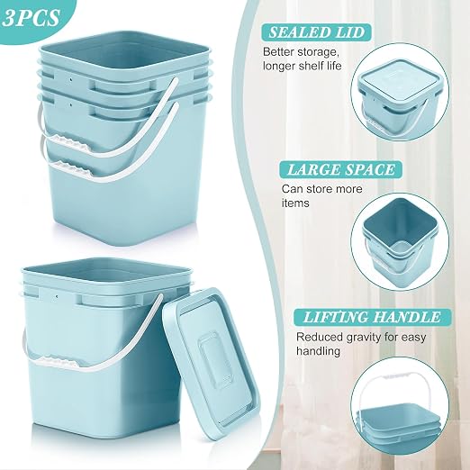 Mumufy 3 Pcs 3.5 Gallon Square Food Grade Bucket with Lid Square Bucket Pail Plastic Handles for Long Term Food Storage, Camping, Fishing, Home Organization Easy Stack and Store (Aqua)