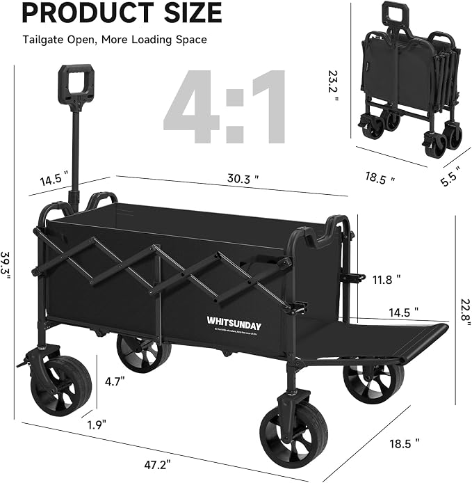 Collapsible Folding Wagon Cart, Heavy Duty Utility Wagons with Tailgate & Wheels,Portable Utility Cart for Camping,Garden,Beach,Sports Black