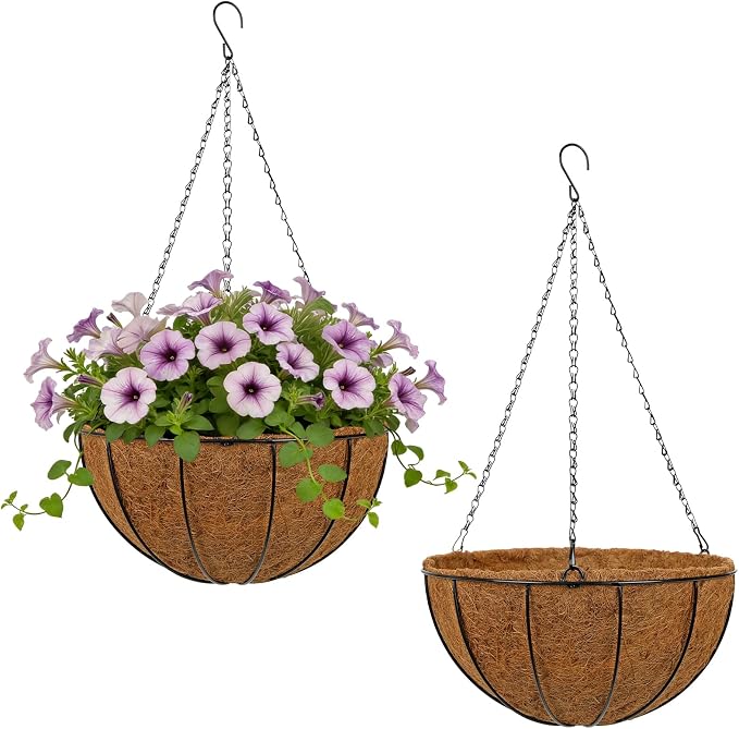 14 Inch Metal Hanging Basket with Coco Coir Liner for Flowers Planting, 2 Pack Hanging Baskets for Plants Outdoor, Round Wire Planters with Chain for Home Patio Porch Balcony Garden Decor