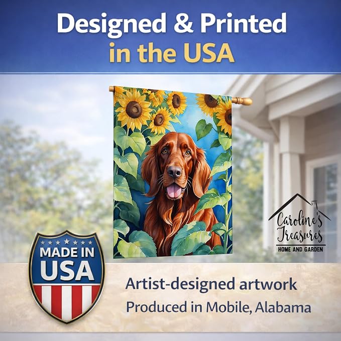 Caroline's Treasures DAC6098CHF Irish Setter in Sunflowers House Flag Large Porch Sleeve Pole Decorative Outside Yard Banner Artwork Wall Hanging, Polyester, House Size, Multicolor