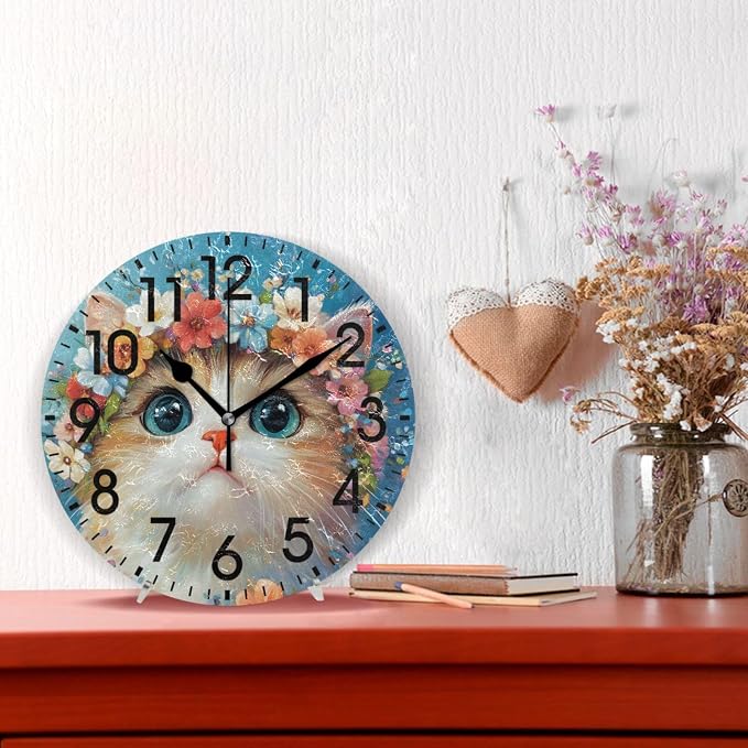 ALAZA Home Decor Cat Wreath Kitten Round Acrylic 9.84 Inch Wall Clock Non Ticking Silent Clock Art for Living Room Kitchen Bedroom