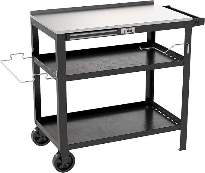 Feasto Outdoor Grill Table, Prep Table with Wheels, 31.5"x18" | Seasoning Rack & Magnetic Tools Holder, Backyard BBQ Kitchen Food Prep Table for Portable Griddle & Pizza Oven