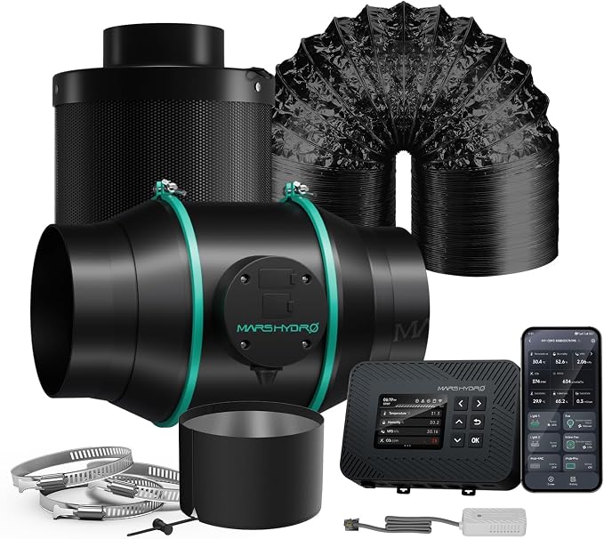 MARS HYDRO 6" Grow Tent Exhaust Fan kit with T&H iControl Controller | Air Filtration Kit, App Remote Control,Ventilation System with Inline Fan,Carbon Filter,13ft Ducting