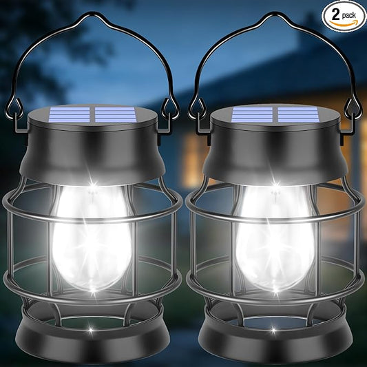 TomCare Solar Lanterns Lights Outdoor Waterproof Metal Hanging Solar Lights Lantern for Outdside Decorative Patio Porch Garden Lawn, 2 Pack (Cool White)