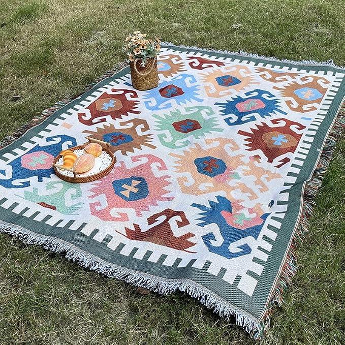 White Picnic Blanket, Extra Large Soft Cotton Gauze Picnic Rug 71"x71", Lightweight Breathable Blanket, Machine Washable for Beach, Camping, Park, Couples (Colorful Motifs-No Straps)