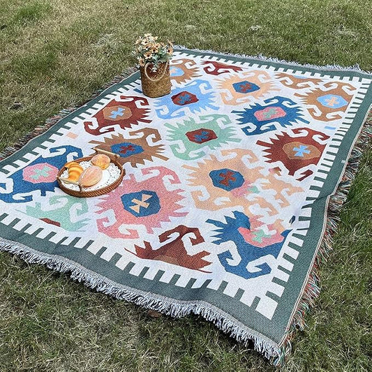 White Picnic Blanket, Extra Large Soft Cotton Gauze Picnic Rug 71"x71", Lightweight Breathable Blanket, Machine Washable for Beach, Camping, Park, Couples (Colorful Motifs-No Straps)
