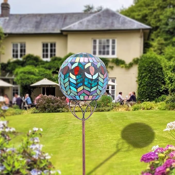 VCUTEKA Decorative Solar Garden Lights, 6" Mosaic Globe Outdoor Stake | Mosaic Glass Design with Solar Light, Weather Resistant, Auto On/Off and Metal Stake Design For Lawn and Patio, Red & Blue