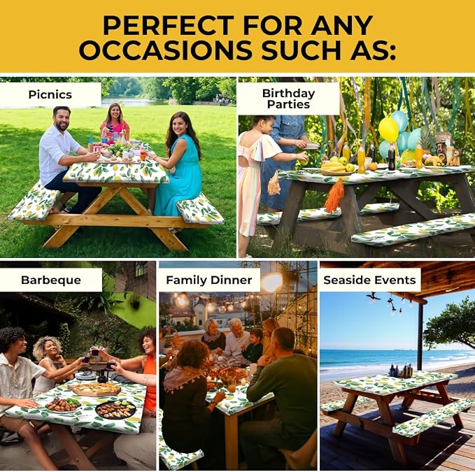 RNOONY 6ft Polyester Picnic Table Cover with Bench Covers Windproof & Waterproof Tablecloth, Perfect for Camping Gifts & RV Essentials, Cool Camping Gadgets, with Carrying Bag, 72x30 Inches, 4Pcs