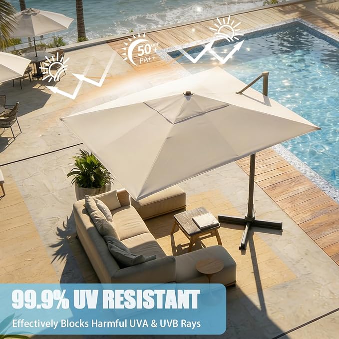 GarveeLife Large Cantilever Patio Umbrella, 10 ft X 10 ft Heavy Duty Aluminum Cantilever Offset Outdoor Umbrella with 360-Degree Rotation for Backyard, Deck, Pool (Beige)