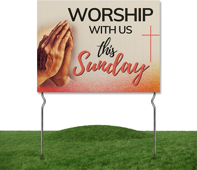 Worship With Us This Sunday! Yard Sign by DC | 24"x18" Double Sided Church Garden Sign with 13” Metal Stakes | Outdoor Signs Waterproof for Lawn, Patio, Sidewalk & House | Set of 1 | Made in USA