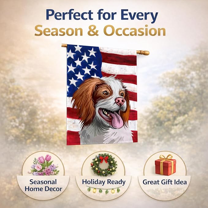 Caroline's Treasures CK6529CHF French Brittany Dog American Flag House Flag Large Porch Sleeve Pole Decorative Outside Yard Banner Artwork Wall Hanging, Polyester, House Size, Multicolor