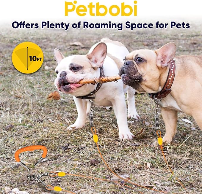 Petbobi Dog Tie-Out Cable and Stake - 10ft Heavy Duty Cable with Spring, No Tangle, 16in Ground Stake, Ideal for Outdoor Yard, Camping, Suitable for Small Medium Large Dogs Up to 120 lbs, Orange