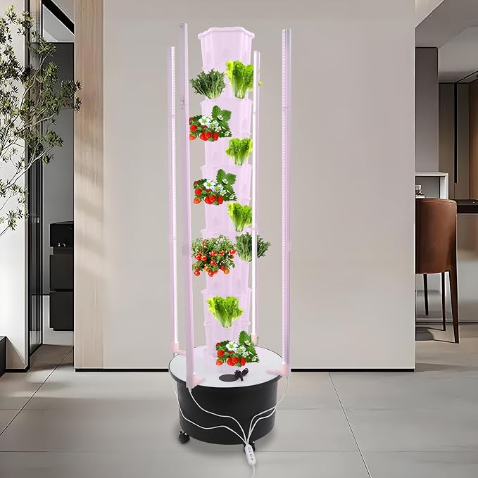 10 Tier Hydroponic Growing Tower with Led Grow Lights Water Pump, 60 Planting Pots Vertical Garden Indoor Outdoor Automatic Water Circulation System, Locking Wheels for Home, Patio, Balcony