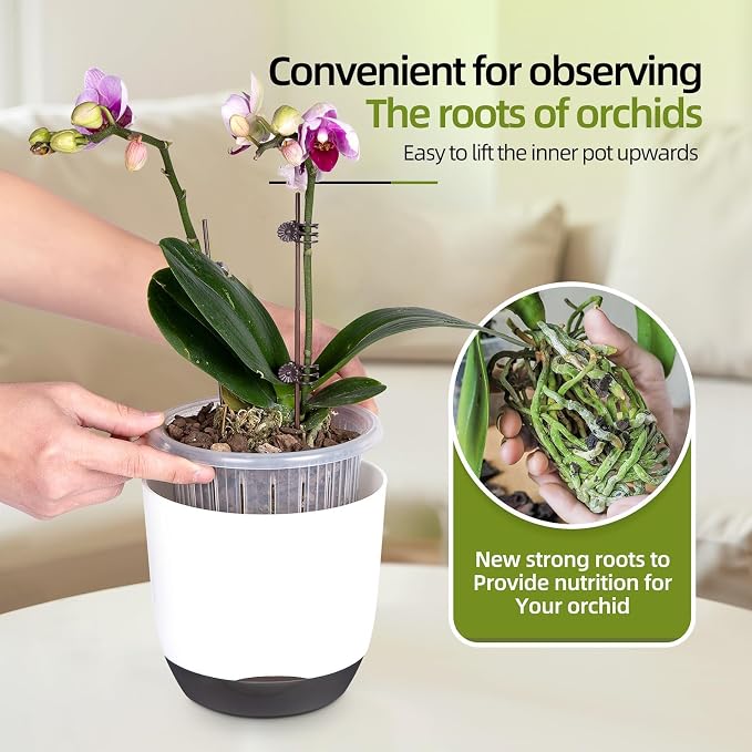 7.2Inch White Orchid Pots with Holes for Repotting, Double-Layer Plastic Self Watering Flower Pots for Indoor Plants with Drainage Holes, Clear Orchid Pot Match Decorative Orchid Container, 1 Pack