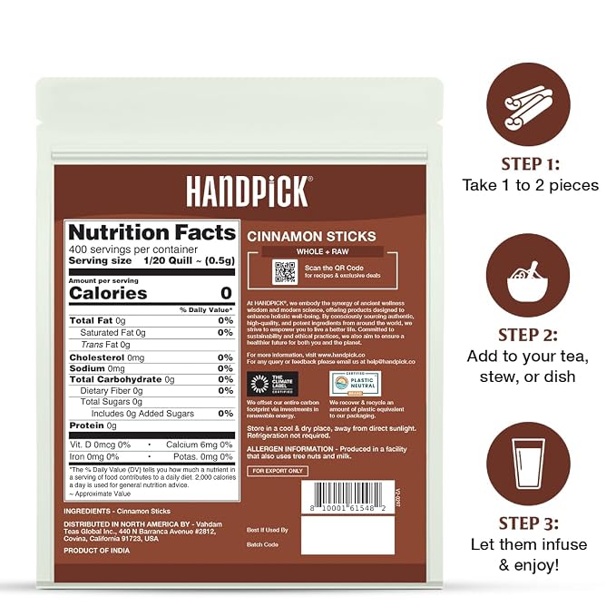 HANDPICK Cinnamon Sticks (7 oz) 100% Raw, Non-GMO, Gluten-Free | Premium Quality | Resealable Ziplock Pouch | Perfect for Baking, Cooking & Beverages (Packaging may vary)