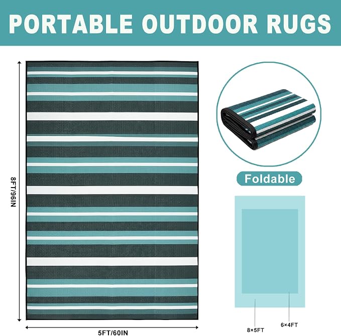 Outdoor Rug Camping Essentials - 5x8 FT Outdoor Plastic Straw Rug for Patio Clearance, Waterproof RV Essentials Outside Area Rug for Deck Garden, Backyard Patio Furniture Set, Dark Grey & Blue
