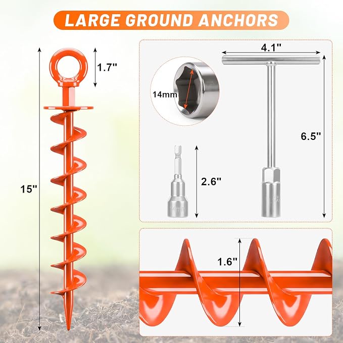 FEED GARDEN Ground Anchors Screw in Heavy Duty, 4 Pack 15 Inch Spiral Earth Anchors for Trampoline Anchors High Wind, Swing Set Anchors, Tent Stakes, Dog Tie Out & Canopy Stability, Orange, 4 Pack